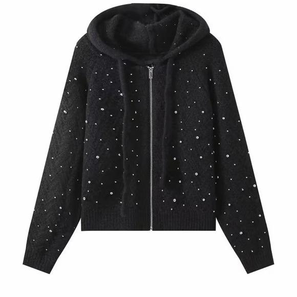 New Super Warm Wool Black Hooded Sweater with Pearl Accents size S - Picture 2 of 10